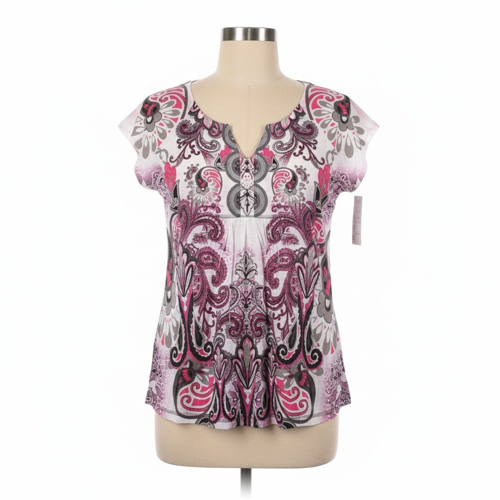 Energe by One World Shirt‎ Blouse L Embellished Brown Beige Floral Y2K Fairy